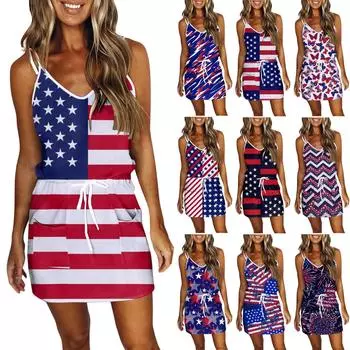 Женское модное платье без рукавов с принтом на подтяжках ко Дню независимости M синий