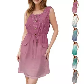 Женское модное платье без рукавов с круглым вырезом, напечатанным декоративными пуговицами, двойным карманом, на шнуровке S циан