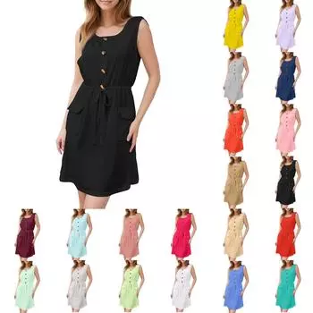 Женское модное платье без рукавов с круглым вырезом, напечатанным декоративными пуговицами, двойным карманом, на шнуровке XL