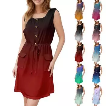 Женское модное платье без рукавов с круглым вырезом, напечатанным декоративными пуговицами, двойным карманом, на шнуровке M