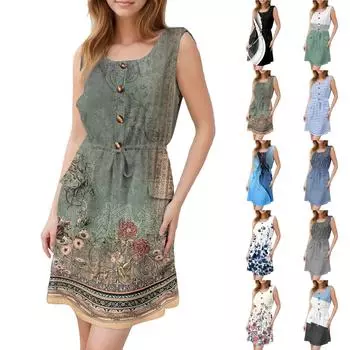 Женское модное платье без рукавов с круглым вырезом, напечатанным декоративными пуговицами, двойным карманом, на шнуровке S чёрный