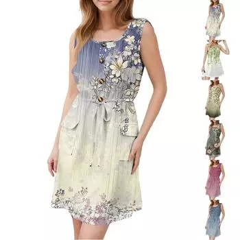 Женское модное платье без рукавов с круглым вырезом, напечатанным декоративными пуговицами, двойным карманом, на шнуровке XXL