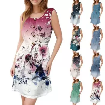 Женское модное платье без рукавов с круглым вырезом, напечатанным декоративными пуговицами, двойным карманом, на шнуровке M зелёный