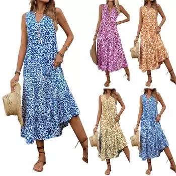 Женское модное платье без рукавов с V-образным вырезом и этническим принтом L синий