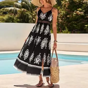 Женское модное платье без рукавов с V-образным вырезом и разрезом на подтяжках в стиле ретро XL чёрный