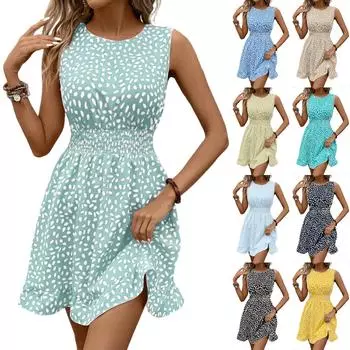 Женское модное платье без рукавов с круглым вырезом в горошек L чёрный