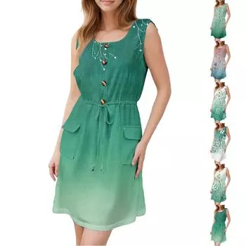 Женское модное платье без рукавов с круглым вырезом, напечатанным декоративными пуговицами, двойным карманом, на шнуровке L