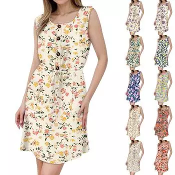 Женское модное платье без рукавов с круглым вырезом, напечатанным декоративными пуговицами, двойным карманом, на шнуровке L белый