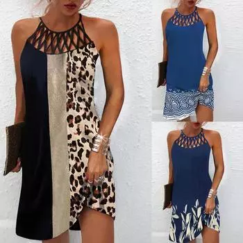 Женское модное платье без рукавов с круглым вырезом и подтяжками с принтом 0ut XXXL синий