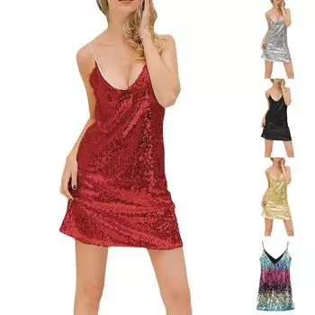 Женское модное платье без рукавов, сексуальная юбка с пайетками и V-образным вырезом L чёрный