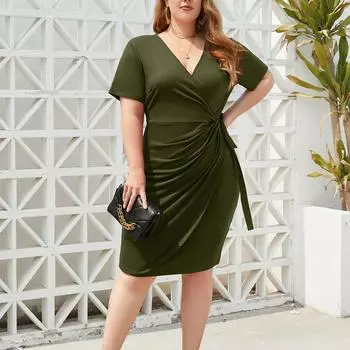 Женское модное платье больших размеров с V-образным вырезом и короткими рукавами, повседневное, на бретелях, средней длины L армия зеленый