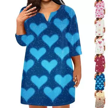 Женское модное платье больших размеров с V-образным вырезом и рукавом три четверти, повседневное, с принтом «Любовь» и карманами L синий