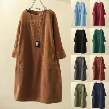 Женское модное платье больших размеров с круглым вырезом и длинными рукавами в стиле ретро с однотонным вельветовым принтом XXXXL оранжевый