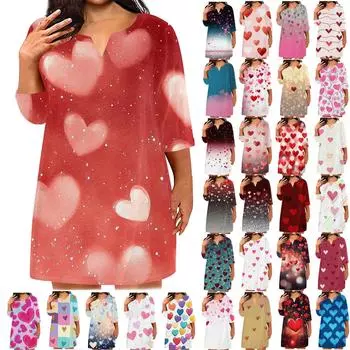 Женское модное платье больших размеров с V-образным вырезом и рукавом три четверти, повседневное, с принтом «Любовь» и карманами XXL фиолетовый