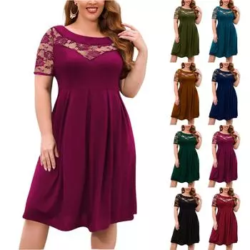 Женское модное платье больших размеров с круглым вырезом, кружевом, короткими рукавами, повседневное, на бретелях, средней длины XXL коричневый