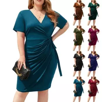Женское модное платье больших размеров с V-образным вырезом и короткими рукавами, повседневное, на бретелях, средней длины L синий