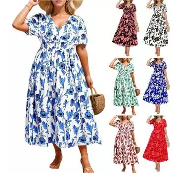 Женское модное платье больших размеров с V-образным вырезом и короткими рукавами с цветочным принтом для отдыха на море L чёрный