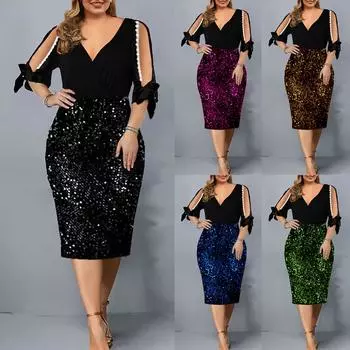 Женское модное платье большого размера с блестками и талией с рукавами 5 минут XL чёрный