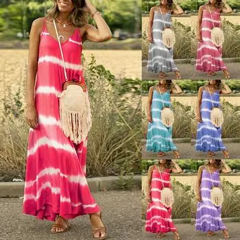 Женское модное платье для отдыха без рукавов с круглым вырезом и карманами в полоску L синий