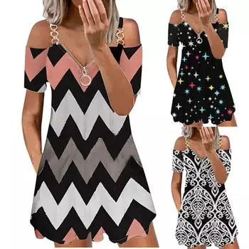 Женское модное платье для отдыха без бретелек с принтом на молнии с v-образным вырезом и короткими рукавами L розовый