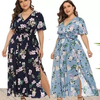 Женское модное платье до колена с коротким рукавом и принтом больших размеров с v-образным вырезом XXL тёмно-синий