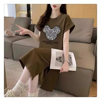 Женское модное платье-футболка, летнее платье Fat Mm с коротким рукавом выше колена, длинное повседневное платье с разрезом M коричневый