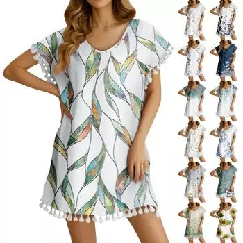 Женское модное платье-футболка с круглым вырезом без рукавов и бахромой с цветочным принтом XL