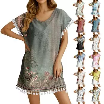 Женское модное платье-футболка с круглым вырезом без рукавов и бахромой с цветочным принтом L жёлтый