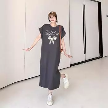 Женское модное платье-футболка с круглым вырезом, свободное повседневное платье с разрезом на рукавах, уменьшающее возраст M темно-серого