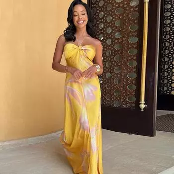 Женское модное платье-халтер с цифровым принтом, облегающее платье-трапеция с завязками на талии и рукавами S жёлтый