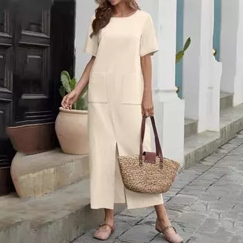 Женское модное платье из хлопка и льна, однотонное, свободное, с круглым вырезом и коротким рукавом M бежевый