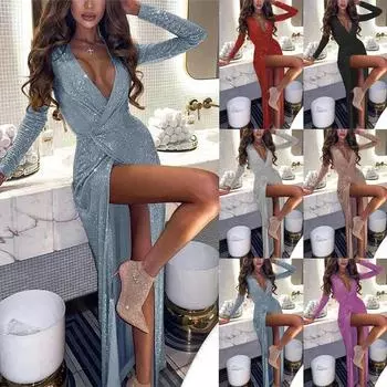 Женское модное платье макси с длинным рукавом и глубоким V-образным вырезом и пайетками, повседневное свободное клубное платье с высоким разрезом и поясом XXXL чёрный