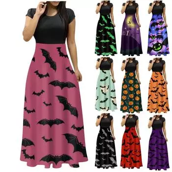 Женское модное платье макси с круглым вырезом и коротким рукавом с принтом на Хэллоуин L