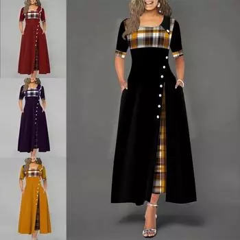 Женское модное платье макси в клетку с короткими рукавами и пуговицами, большие размеры S-5XL 5XL фиолетовый