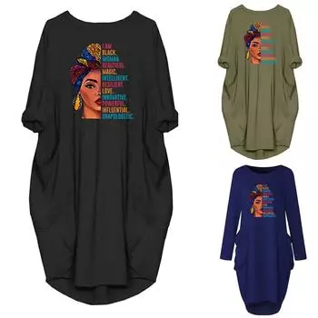 Женское модное платье миди больших размеров с принтом, свободные карманные платья с длинными рукавами L чёрный