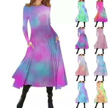 Женское модное платье миди с градиентным принтом и круглым вырезом, длинными рукавами L