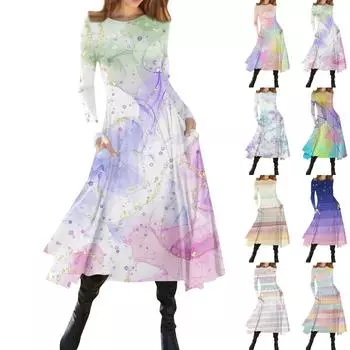 Женское модное платье миди с градиентным принтом и круглым вырезом, длинными рукавами M