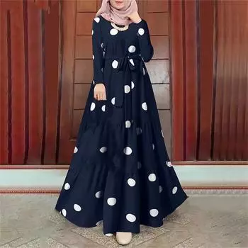 Женское модное платье мусульманское в горошек элегантное длинное платье с поясом L тёмно-синий