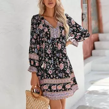 Женское модное платье-пуловер с цветочным принтом и V-образным вырезом, свободным коротким рукавом L чёрный