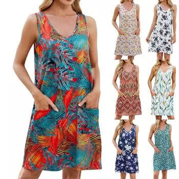 Женское модное платье-пуловер с цветочным принтом и V-образным вырезом без рукавов L чёрный