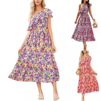 Женское модное платье-пуловер с косыми плечами, кружевной талией и цветочным принтом M фиолетовый