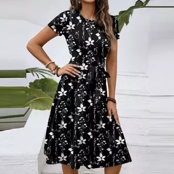 Женское модное платье-пуловер с круглым вырезом и принтом, свободным коротким рукавом и карманом M чёрный