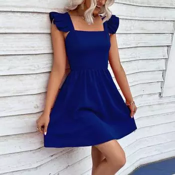 Женское модное платье-пуловер с круглым вырезом и принтом, свободным коротким рукавом и карманом S синий