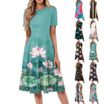 Женское модное платье-пуловер с круглым вырезом и принтом, свободным коротким рукавом и карманом S бежевый