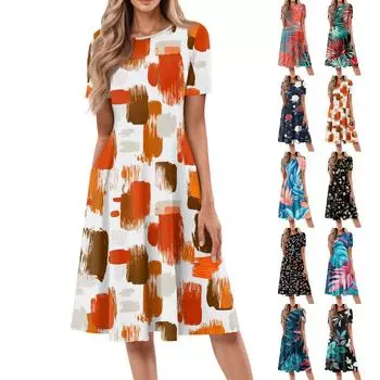 Женское модное платье-пуловер с круглым вырезом и принтом, свободным коротким рукавом и карманом XL синий