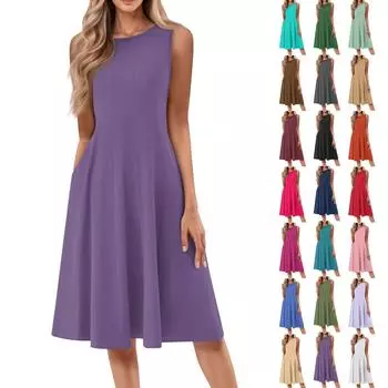 Женское модное платье-пуловер средней длины с круглым вырезом без рукавов, однотонное повседневное платье L армия зеленый