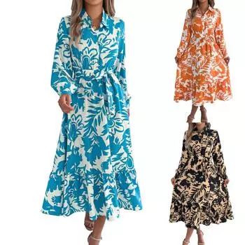 Женское модное платье-рубашка с цветочным принтом и лацканами, с длинным рукавом и завышенной талией L синий