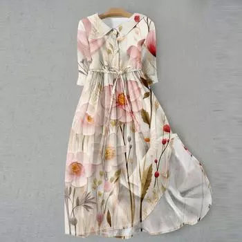 Женское модное платье с 3D-моделированием в стиле ретро с цветочным принтом и пуговицами с лацканами и рукавом три четверти L бежевый