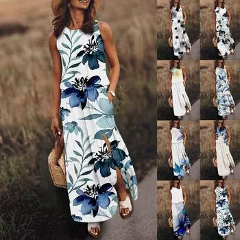 Женское модное платье с эластичной резинкой на талии и принтом с круглым вырезом и разрезом, сексуальное платье L розовый