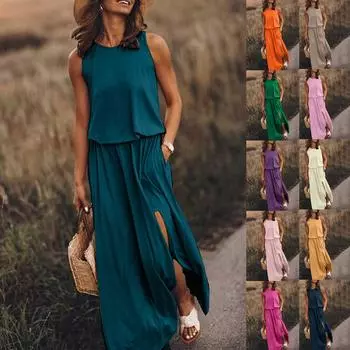 Женское модное платье с эластичной резинкой на талии, однотонное сексуальное платье с круглым вырезом и разрезом L зелёный